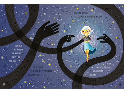 Shine 12-13 bullying children book illustration constellations dark fear hands illustration space stars