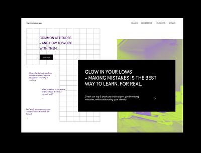 The Information Gap branding composition graphic layout millennials minimal modern neon colors photography screen web