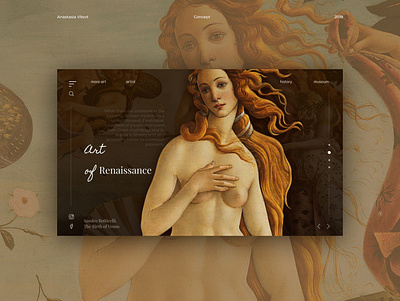 Renaissance concept. Venus. Boticcelli art concept creativity daily interaction main mainpage minimal renaissance ui uidesign uiux ux uxui venus web design website