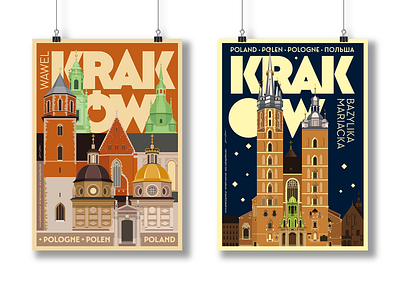 Retro Travel Posters of Krakow, Poland design geometric illustration minimal poster retro typography