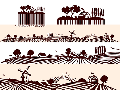 Illustrated Barcode and Countryside Farm Fields Key Visual black white branding countryside design drawing farm fields illustration natural packaging retro vector