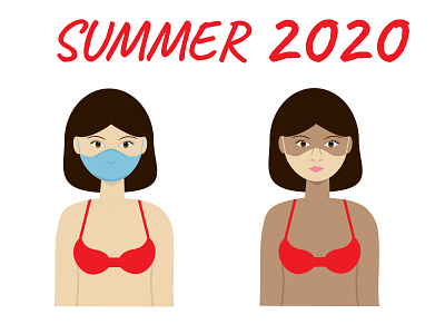 Young tanned woman in a red bikini with a problematic face. beach coronavirus covid-19 illustration mask medical mask pandemic stayhome summer tan vector woman