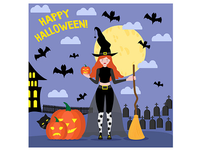 Happy Halloween poster of pumpkin on graveyard and witch.