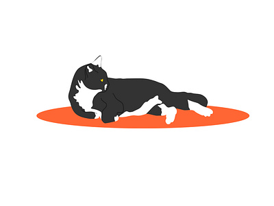 Cute white and black cat resting in orange mat. Pet cartoon icon