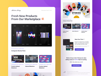 Motion Array - Newsletter asset library branding clean colorful design digital distortion email illustration minimal newsletter purple stock templates typography vector vibrant video editing violet yellow