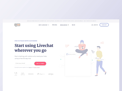 LiveChat Landing Page app chat chatbot clean customer experience design illustration landing live livechat minimal software support ui ux vector website