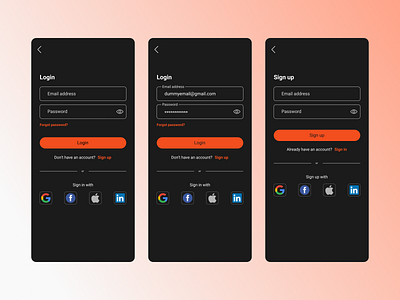 Basic login/signup mobile screens