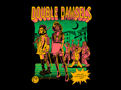 Double Damsels arcadefanart art design feminism handdrawn illustration metal retroarcade texture womanvideogames