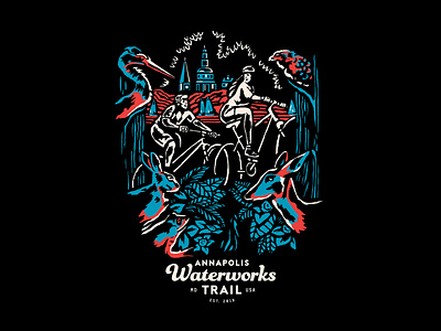 Waterworks Trail Annapolis Shirt animals art badge bike bikes bird deer frog girls heron illustration maryland mountainbike nature osprey rabbit scene shirt