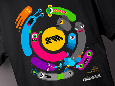Railsware T-Shirt Black branding characters design dribbble flat icon illustration monster sticker stickers t-shirt vector