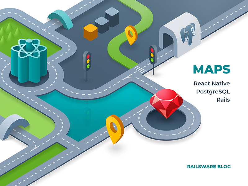 Maps with React Native, Rails, and PostgreSQL road pin ruby react native react postgresql rails maps map illustration flat