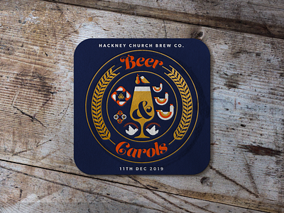 Beer & Carols Beer Mat 12daysofchristmas 5 gold rings barley beer beermat branding brewery carol carols christmas coaster design doves event hops illustration logo partridge