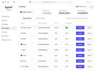 Lending Dashboard — Supply Market assets bitcoin borrow borrow market crypto cryptocurrency decentralized finance defi ethereum fiat lending supply supply market web 3