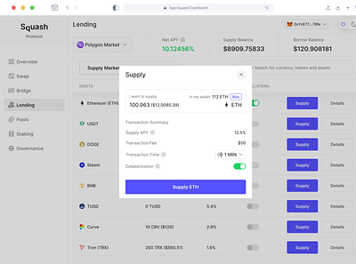 Lending Dashboard — Supply Market Modal assets bitcoin borrow borrow market crypto cryptocurrency dashboard decentralized finance defi design ethereum fiat lending minimal modals supply supply market ui ux web 3