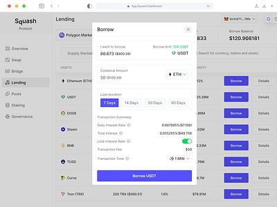 Lending Dashboard — Borrow Market Modal assets bitcoin borrow borrow market clean crypto cryptocurrency dashboard decentralized finance defi ethereum fiat lending minimal modals supply supply market ui ux web 3