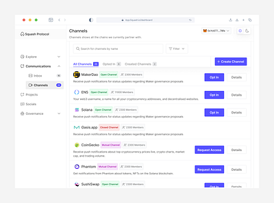 Channels - Opt-in Notification for dApps channels clean cryptocurrency dapps dashboard defi design minimal tokens ui ux