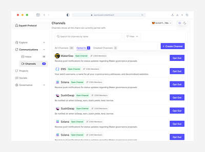 Channels - Opt-in Notification for dApps channels clean dapps dashboard defi design minimal ui ux