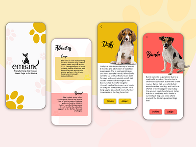 Idea of a mobile app design for Embark, Sri Lanka. aboutus adopt designthinking dog dogs invision logo mobile app mobile design paws pet pink splash splash screen splashscreen yellow