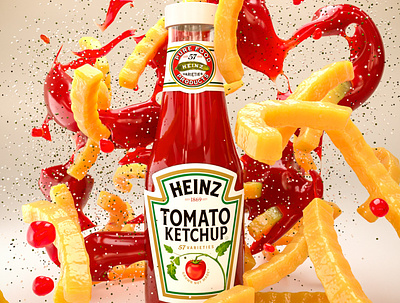 Heinz Poster 3d design 3d poster 3dsmax advertise branding c4d cinema4d food fries ketchup product design tomato visualization