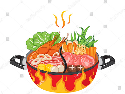 Shabu Shabu (Hot Pot) Seafood Sukiyaki Illustration. anime cartoon design draw fire food illustration hot pot illustration japanese food logo manga meal pork seafood shabu sukiyaki thai food tofu vector vegetables