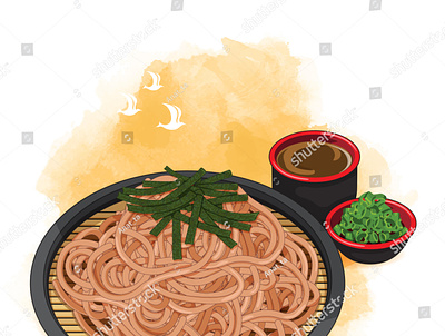 Soba noodles with tsuyu dipping sauce, scallion and topping nori anime cartoon design draw food illustration illustration japanese food noodle noodles set soba somen vector