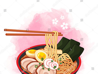 Ramen bowl on watercolor background. Toppings include eggs, slic anime cartoon chopsticks draw food illustration illustration japanese food meal noodle noodles pork ramen udon vector