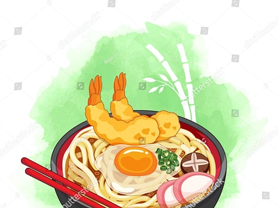 Udon bowl on bamboo watercolor background. Toppings include eggs anime cartoon food illustration illustration japanese food manga noodles prawn ramen shrimp tempura udon vector