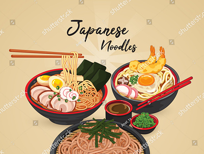 Japanese noodles: ramen, udon, and soba. anime banner cartoon drawing food illustration illustration japanese food manga meal noodle noodles pork poster ramen soba somen udon vector