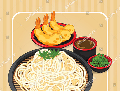 Somen noodles with tsuyu dipping sauce, scallion and topping tem anime banner cartoon food illustration illustration japanese food manga noodle noodles poster prawn shrimp soup tempura vector