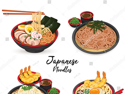 Japanese noodles: ramen, udon, soba and somen. anime cartoon draw food illustration illustration isolated japanese food manga meal noodles pork ramen soba somen udon vector