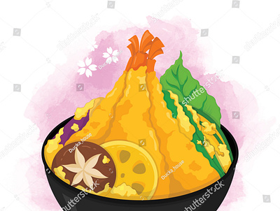 Tempura donburi (ten don) illustration on watercolor background anime cartoon donburi food illustration illustration japanese food manga prawn rice shrimp tempura tendon vector