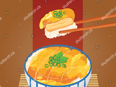 Chicken donburi (Katsudon) illustration on bamboo background vec