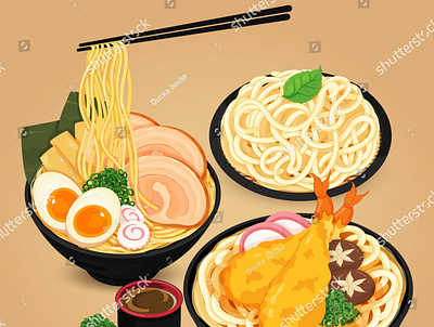 Japanese noodles: ramen, udon and soba vector. anime cartoon food illustration illustration japanese food manga meal noodles pork ramen soba somen udon vector