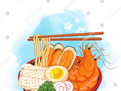 Seafood ramen bowl on watercolor background. Toppings include eg anime beach cartoon egg food illustration illustration japanese food noodles octopus prawn ramen seafood seafood illustration shell shrimp squid vector