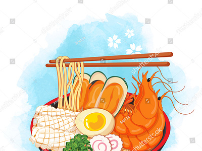 Seafood ramen bowl on watercolor background. Toppings include eg anime beach cartoon egg food illustration illustration japanese food noodles octopus prawn ramen seafood seafood illustration shell shrimp squid vector