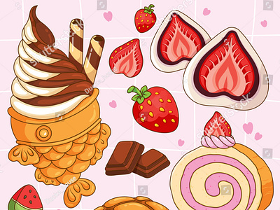 Japanese dessert recipes illustration vector. (Taiyaki ice cream