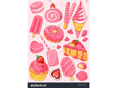 Strawberry desserts recipes illustration vector. (Pink sweet des anime cake cartoon cupcake dessert dessert illustration donut drinking food illustration icecream illustration magaron mochi strawberry
