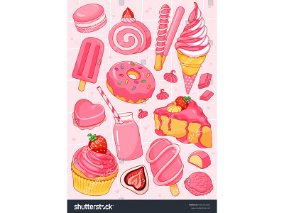 Strawberry desserts recipes illustration vector. (Pink sweet des