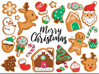 Christmas gingerbread cookies decorating illustration vector. candy cartoon christmas cookies design gift gingerbread gingerbread house glove illustration reindeer santa claus snow snowflake socks stickers tree vector