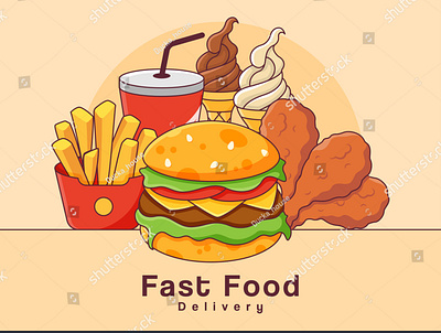 Delivery fast food flat banner background vector. breakfast cartoon cheeseburger coke draw fastfood food illustration french fries fried chicken hamburger icecream lunch pepsi soft cream sparkling water vector