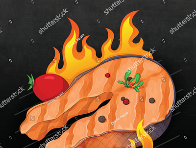 Salmon on fire, Grilled salmon seasoning recipe on black backgro cartoon cooking draw fire fish food food illustration grilled illustration manga oven salmon vector