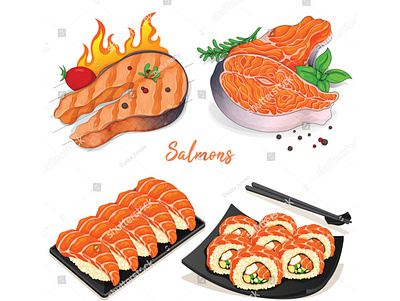 Salmon varieties menu recipes isolated on white background illus cartoon cooking draw fire fish food food illustration illustration japanese food manga menu salmon vector