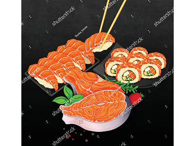 Salmon varieties menu recipes isolated on white background illus