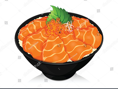 Salmon sashimi bowl recipe (donburi) illustration vector. cartoon caviar donburi draw food illustration ikura illustration japanese food manga rice salmon sashimi shiso vector