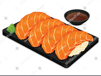 Salmon sushi with wasabi recipe menu, Japanese food illustration