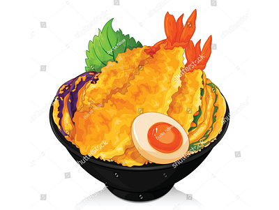 Shrimp tempura fried rice (Tendon donburi) illustration vector. cartoon design donburi draw egg food illustration japanese food manga prawn shrimp tempura tendon vector