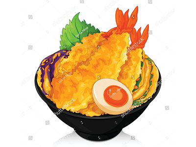Shrimp tempura fried rice (Tendon donburi) illustration vector.