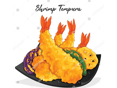 Shrimp tempura fried recipe illustration vector. anime cartoon food illustration fried japanese food manga meal prawn pumpkin seafood shrimp tempura vector