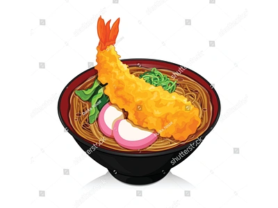 Tempura soba noodles with fish cake, onion and spinach topping i anime bowl cartoon design drawing food illustration illustration japanese food manga meatball noodle noodles prawn ramen shrimp soba soup tempura udon vector