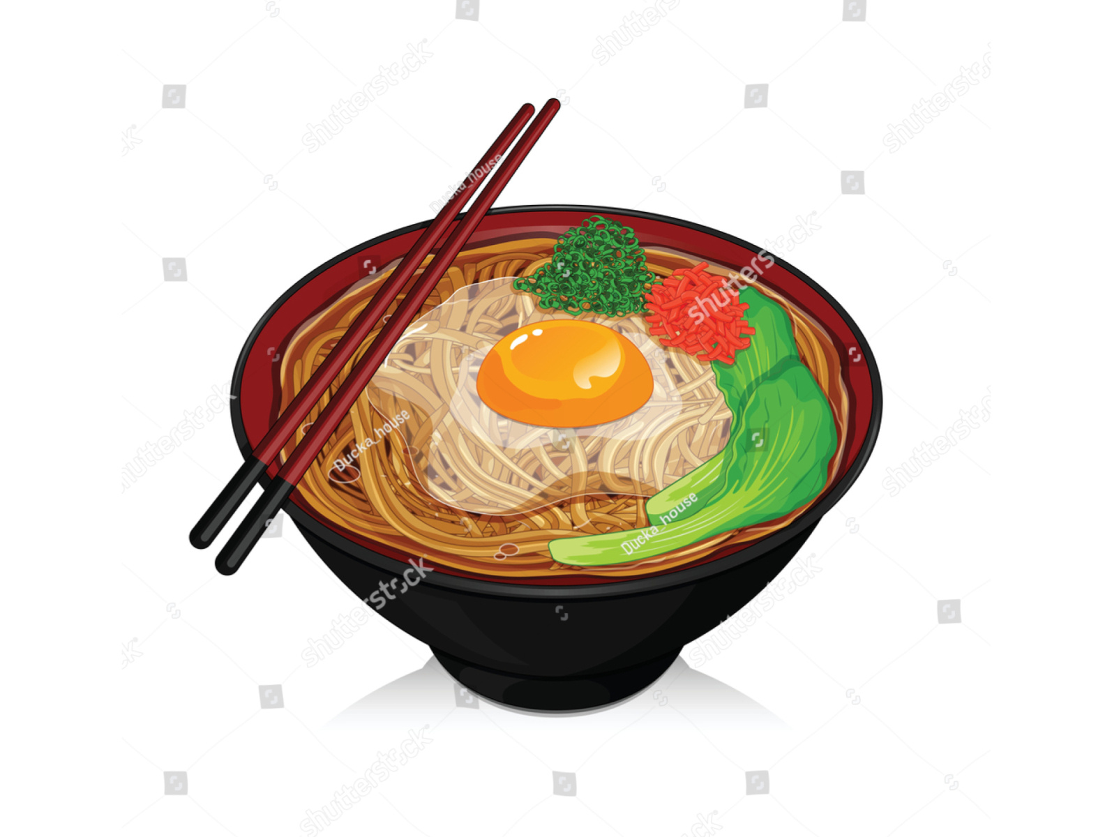 Soba noodles soup with egg, onion, ginger and spinach topping il by